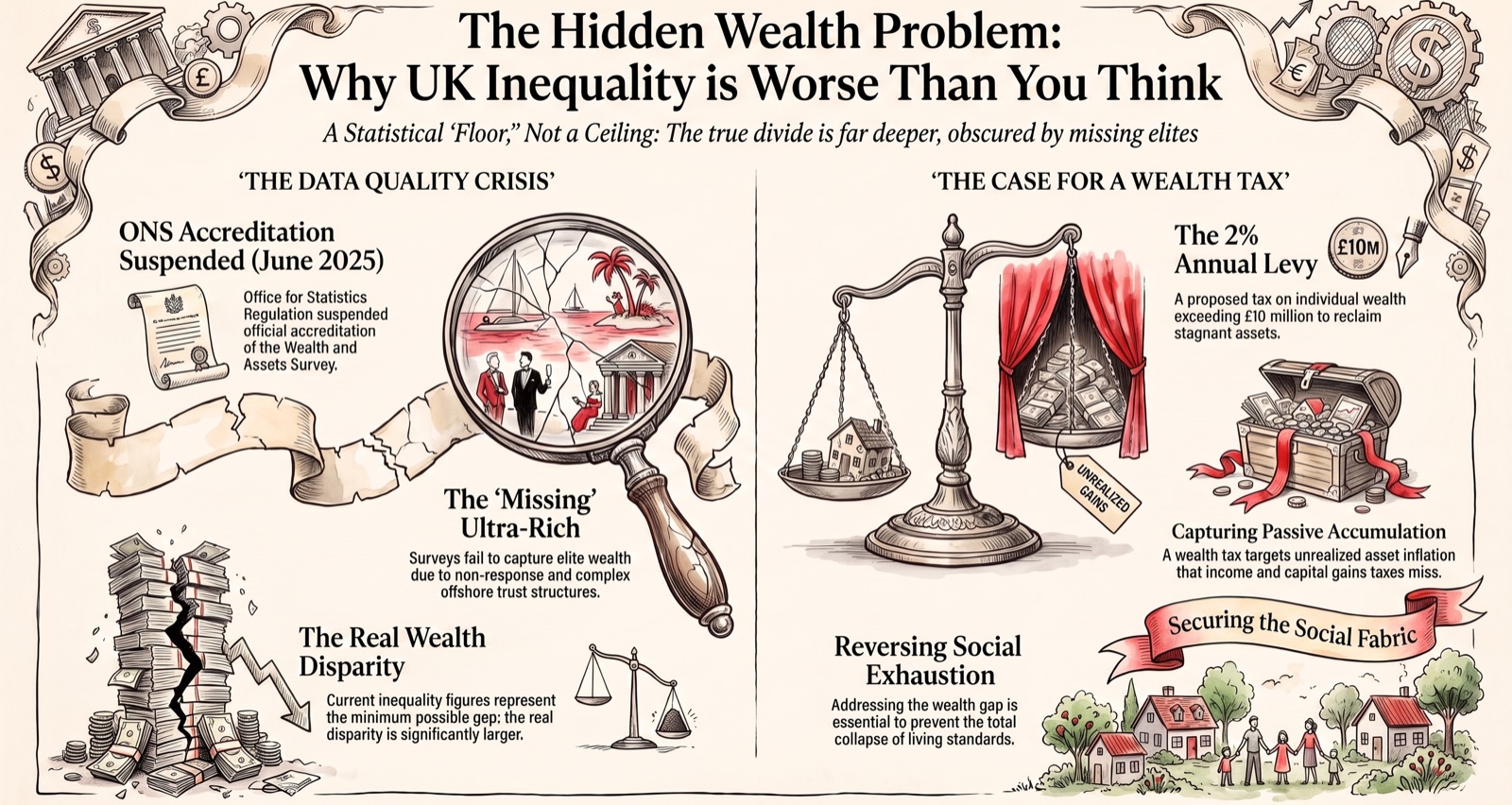 The Hidden Wealth Problem: the Office for Statistics Regulation suspended the official accreditation of the ONS Wealth and Assets Survey in June 2025. The ultra-rich are missing from surveys through non-response, offshore structures and trusts, so every wealth inequality statistic is a floor, not a ceiling.