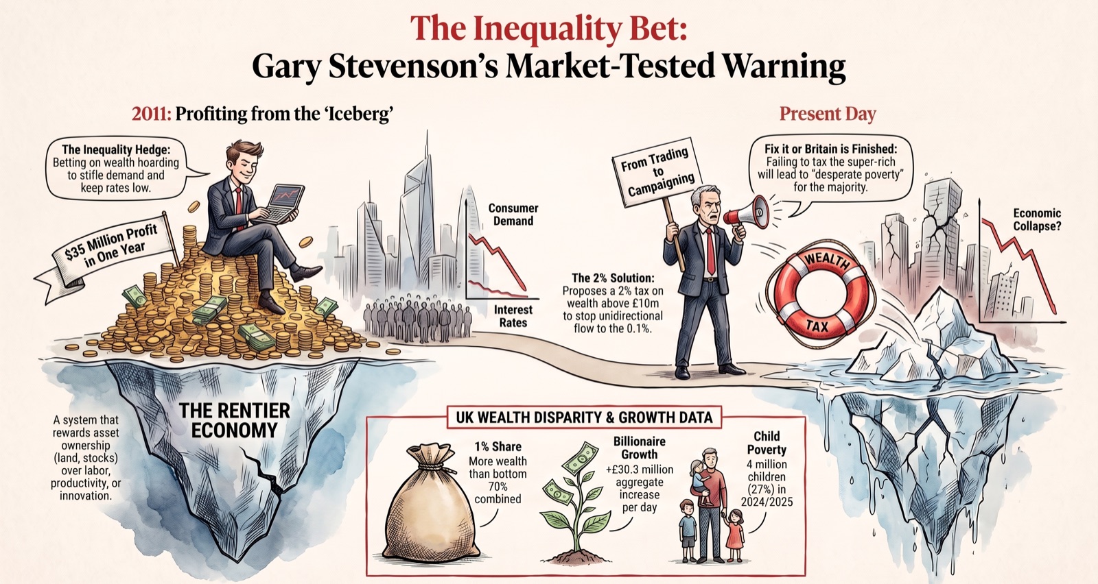 The trader who bet on inequality and won: Gary Stevenson made $35 million in a single year at Citibank in 2011, aged 24, by betting that extreme wealth inequality would permanently suppress consumer demand and keep interest rates near zero. He left trading to campaign against the system he profited from.