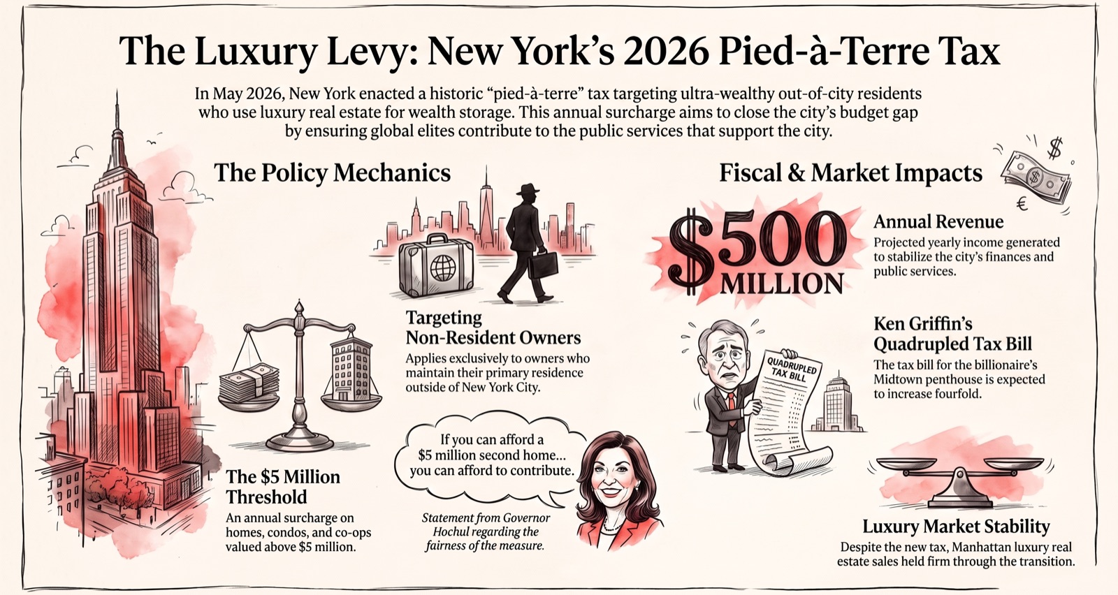 New York started actually taxing the rich: Mayor Mamdani's pied-à-terre tax passed in May 2026 — an annual tax on high-value second homes expected to raise $500 million a year. Billionaire Ken Griffin's penthouse tax bill roughly quadruples, and Manhattan luxury sales held firm anyway.