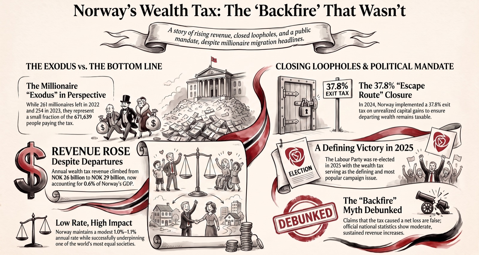 Norway kept its wealth tax and won: a 1–1.1% annual wealth tax; 261 wealthy residents left in 2022 and 254 in 2023, but revenue rose from NOK 26bn to NOK 29bn, now 0.6% of GDP; a 37.8% exit tax on unrealised gains closed the escape route in 2024; Labour was re-elected in 2025 with the wealth tax as the defining issue.