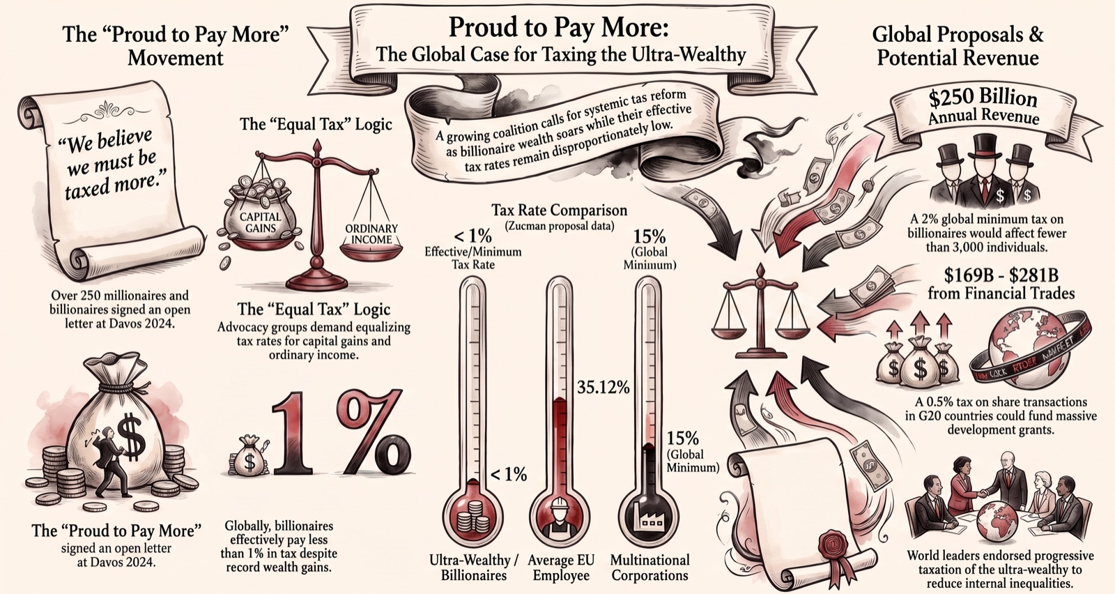 The rich are asking to be taxed: more than 250 millionaires and billionaires signed the 'Proud to Pay More' open letter at Davos 2024; the Patriotic Millionaires campaign for equal taxes on capital and work; G20 leaders in Rio endorsed progressive taxation of the ultra-wealthy in November 2024; Zucman's 2% minimum tax on billionaires would raise $250bn a year.