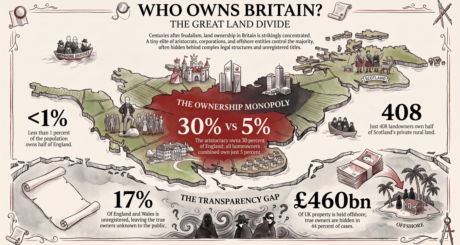 Who Owns Britain? The Great Land Divide: less than 1% of the population owns half of England; the aristocracy owns 30% of England while all homeowners combined own just 5%; just 408 landowners own half of Scotland's private rural land; 17% of England and Wales is unregistered; £460bn of UK property is held offshore with true owners hidden in 44% of cases.