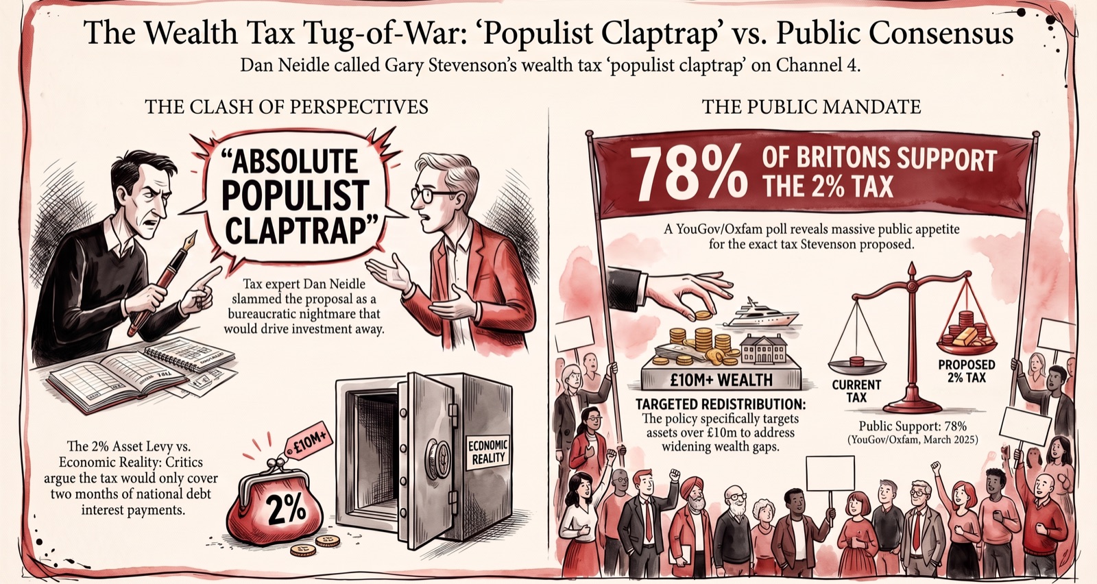 Tax lawyer Dan Neidle confronts economist Gary Stevenson on Channel 4's How to Get Filthy Rich, calling his 2% wealth tax proposal populist claptrap while 78% of Britons tell pollsters they support exactly that tax.