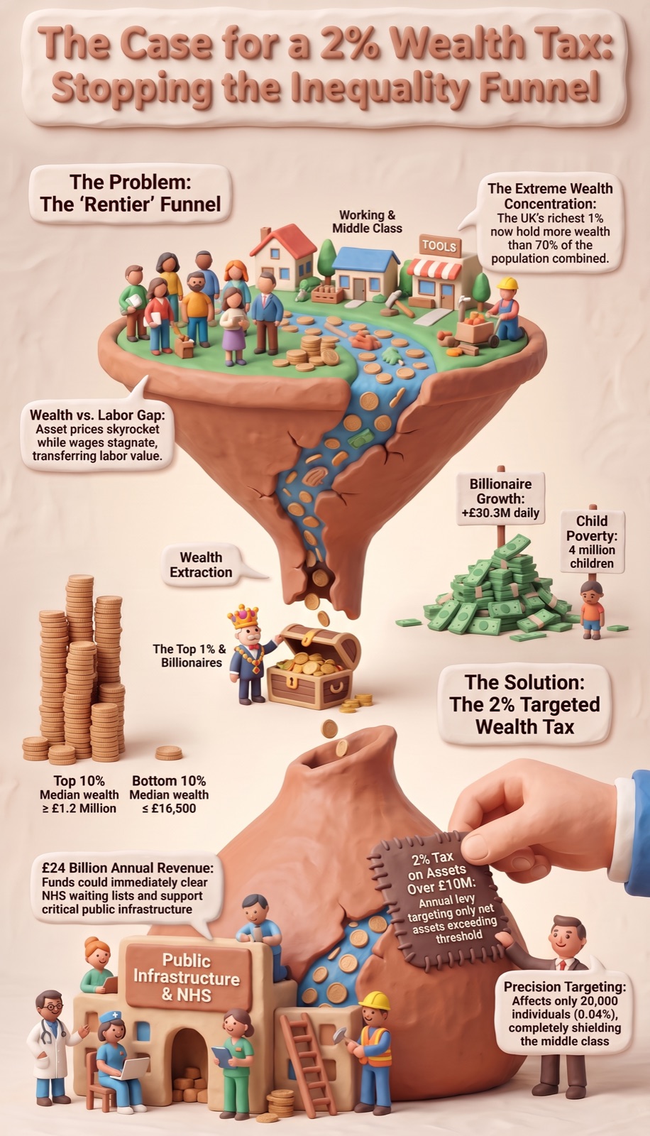 The case for a 2% wealth tax: the rentier funnel extracts wealth upward from the working and middle class; a 2% tax on assets over £10m affects only around 20,000 individuals and raises £24 billion a year for public infrastructure and the NHS.
