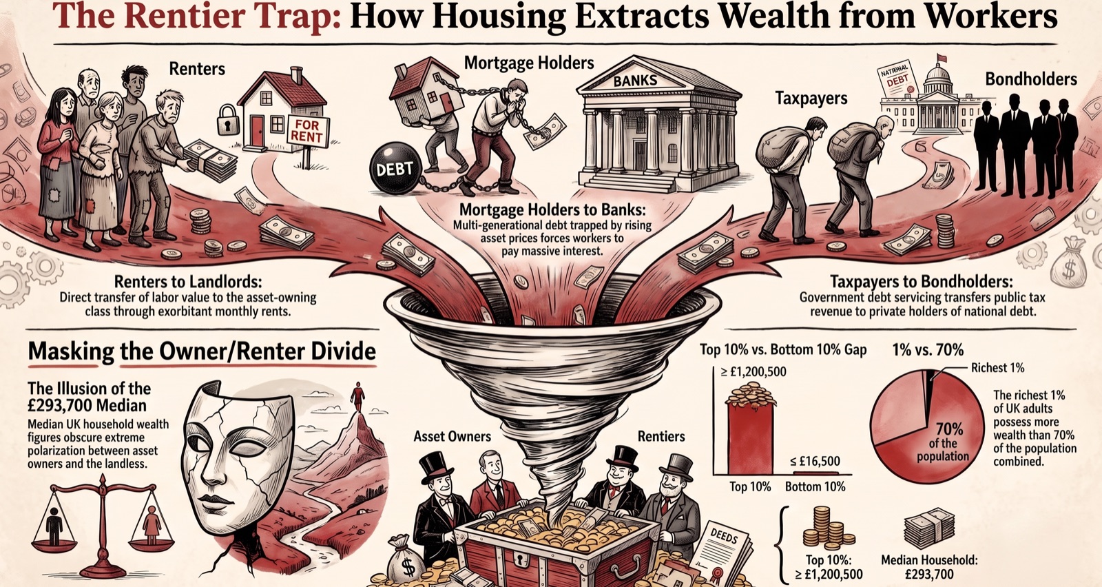 Infographic showing how rising house prices and rents move money from workers to asset owners: renters pay landlords, mortgage holders pay banks, taxpayers pay bondholders