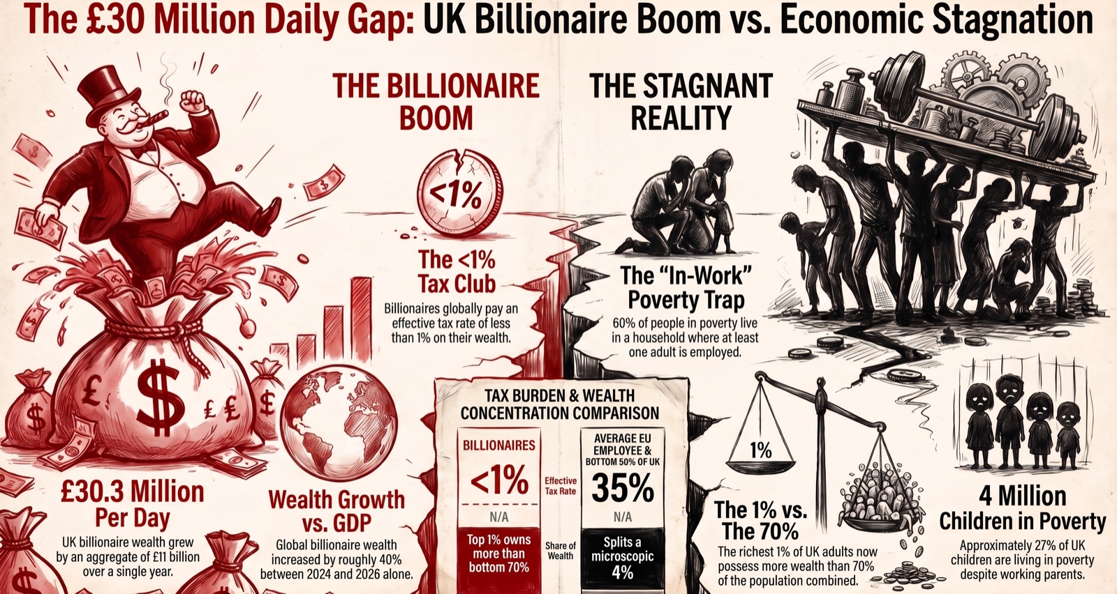 Infographic showing UK billionaire wealth growing £30.3 million per day — £11 billion in a single year — while the wider economy barely grew