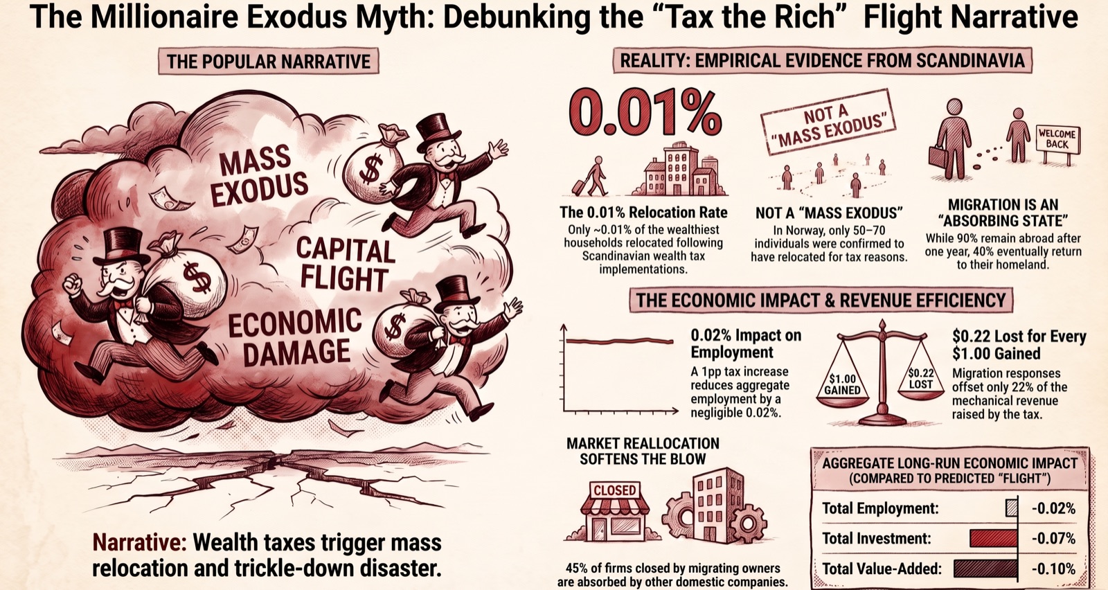 Infographic debunking the millionaire exodus myth: only around 0.01% of the wealthiest households relocated after Scandinavian wealth taxes