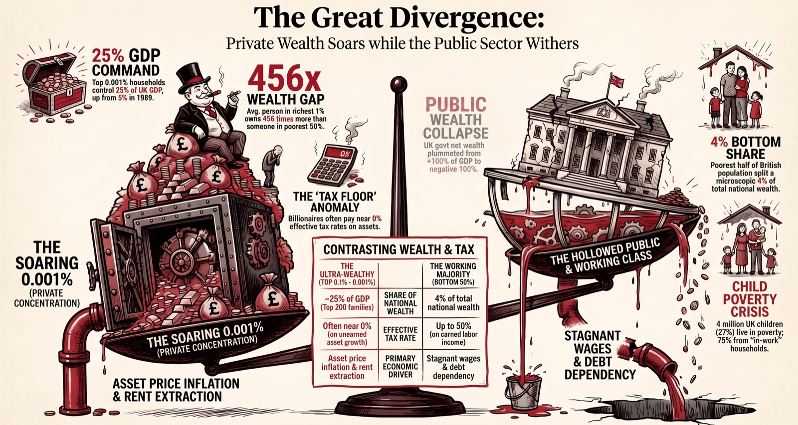 Infographic showing UK public sector net wealth collapsing to deeply negative territory as a share of GDP while private wealth soared