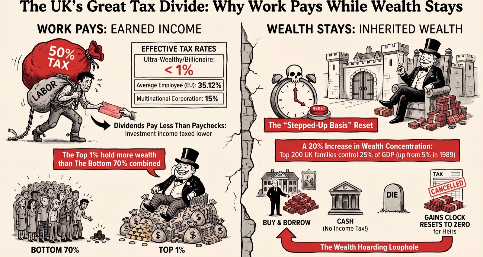 Infographic on the structural tax advantages of inherited wealth in the UK, including capital gains tax cancelled at death