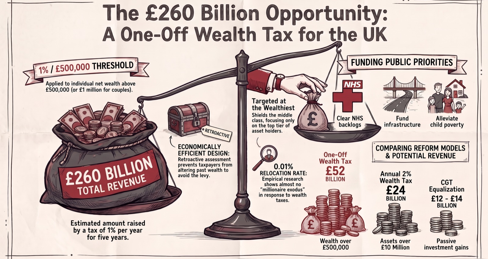 Infographic on the Wealth Tax Commission finding that a one-off wealth tax of 1% a year for five years on wealth above £500,000 could raise £260 billion