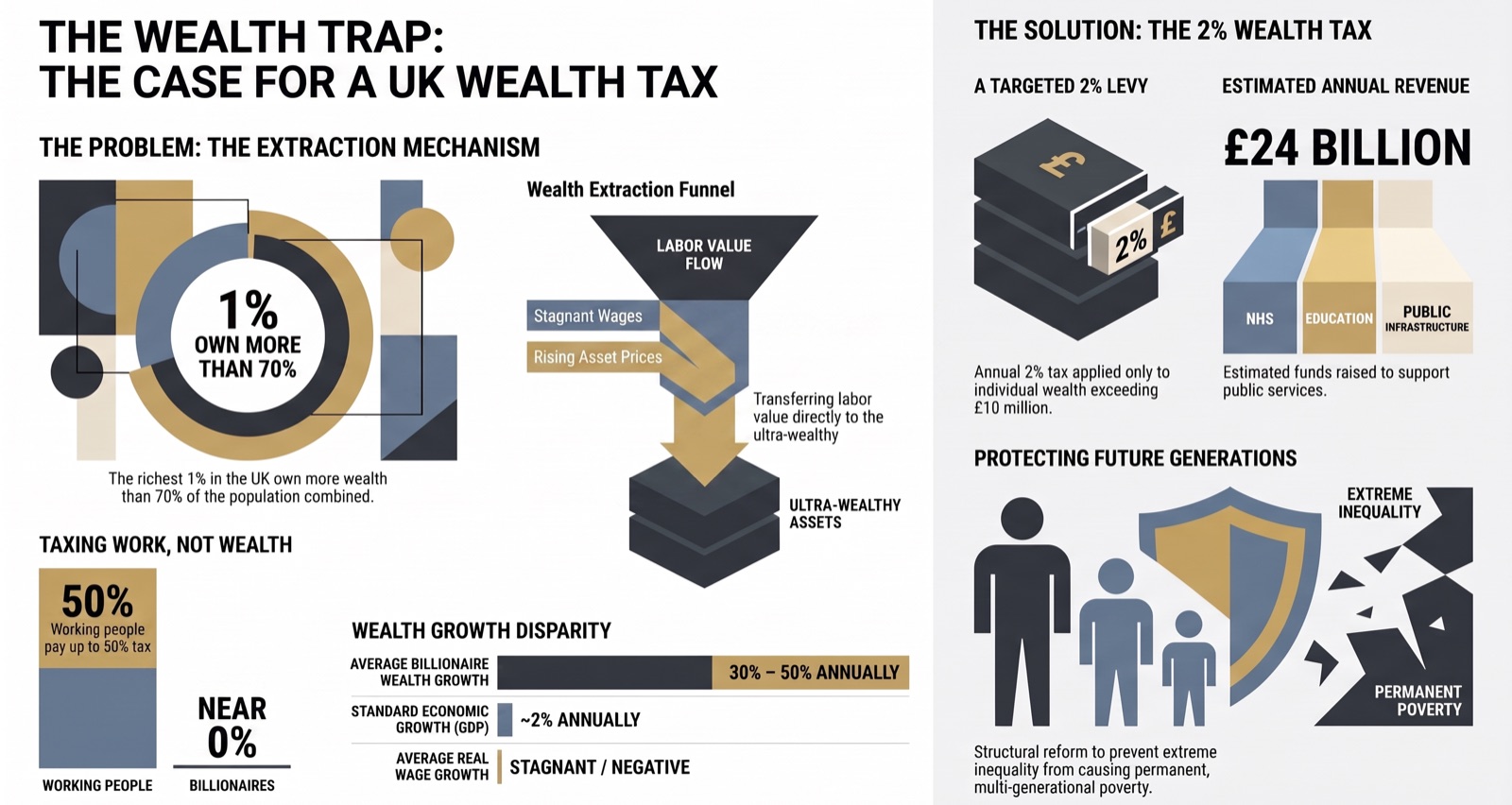 The wealth trap: working people pay up to 50% tax while billionaires pay near 0%. Stagnant wages and rising asset prices transfer labour value to ultra-wealthy assets; billionaire wealth grows 30-50% annually against roughly 2% GDP growth.