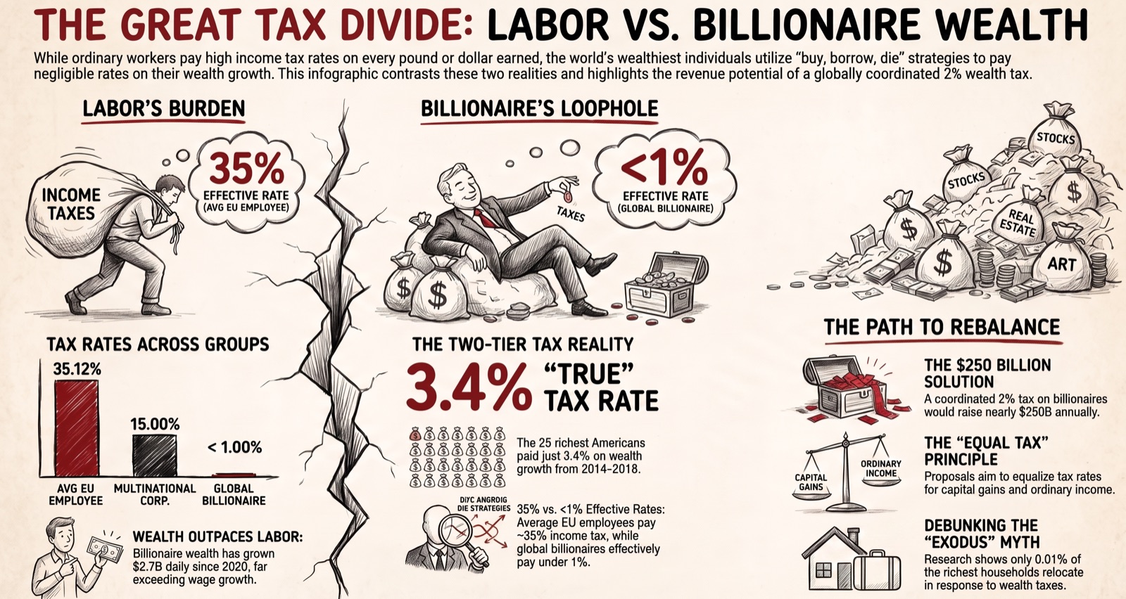 Infographic comparing tax on wages with tax on wealth: the 25 richest Americans paid a true rate of 3.4% on their wealth growth while workers pay full income tax