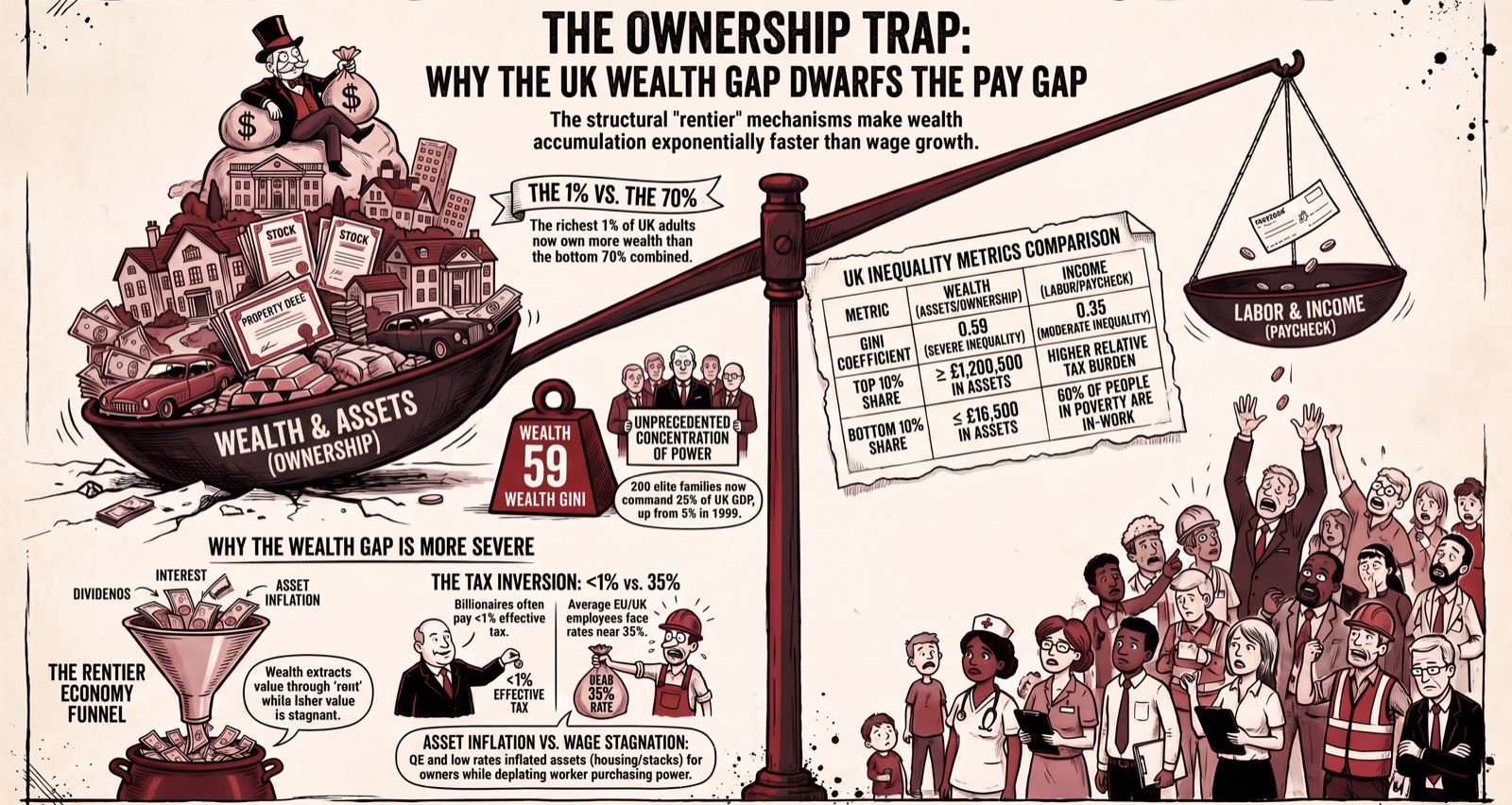 Infographic comparing UK wealth inequality (Gini 0.59) with income inequality (Gini 0.35), showing why the wealth gap is far worse than the pay gap
